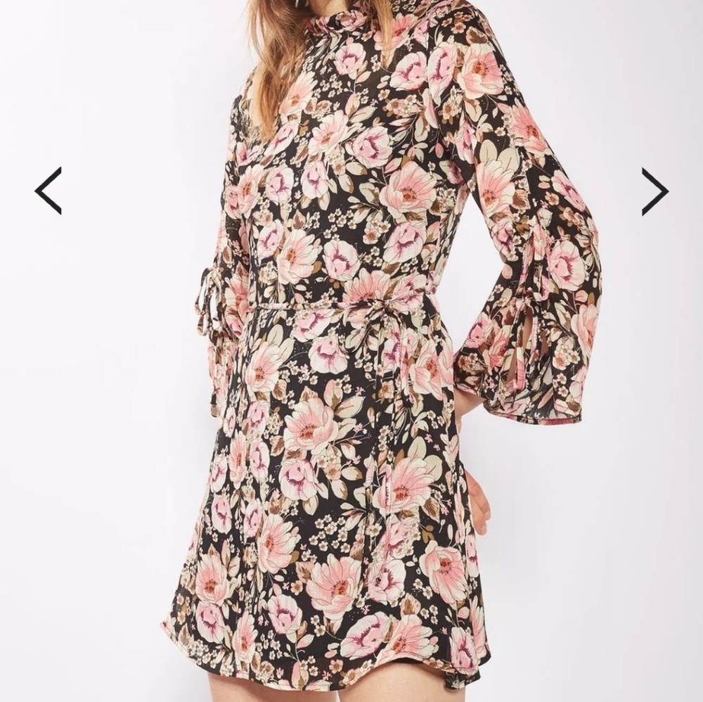 Topshop Peony Print Tie Sleeve Dress